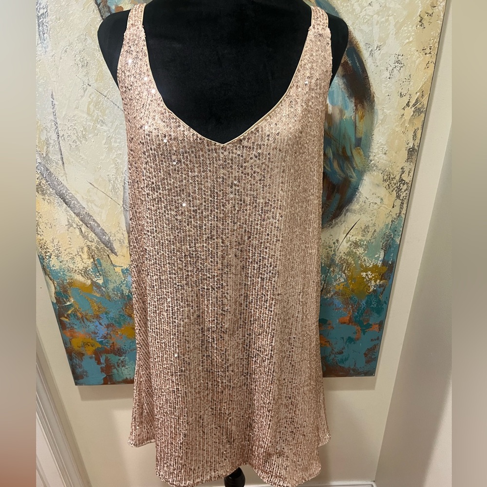 Gold Sequin Take V Neck Dress Lined Formal Wedding Party sz XL - Picture 3 of 13